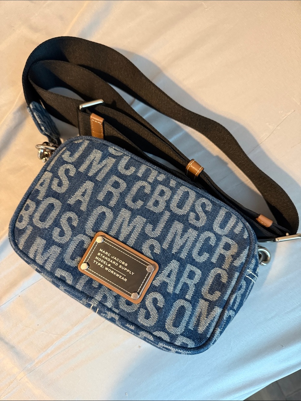 Marc Jacobs Blue Denim Logo Belt Bag with Tan Trim